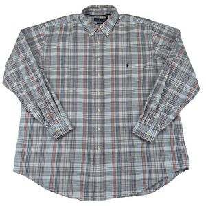 Ralph Lauren Mens 2XLT Plaid Button Down Shirt Blue Red 100% Cotton Stretch Pony